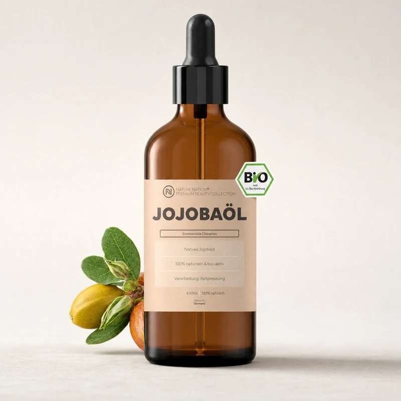 Pflanzliches Bio-Jojobaöl, 50ml - 100% naturrein, nativ-kaltgepresste Qualität. Für Haut- & Haarpflege, mit leicht-pflegendem Charakter