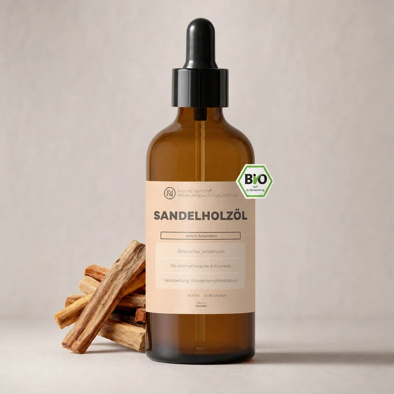 Ätherisches Bio-Sandelholzöl, 30ml - 100% naturrein, gewonnen per Wasserdampfdestillation. Für Raumduft & Entspannung, mit weich-holzigem Duft