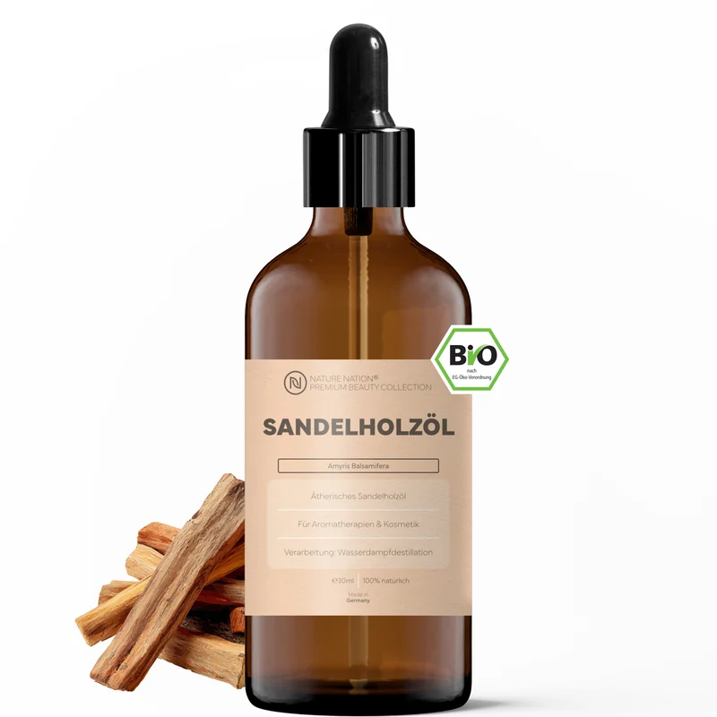 Ätherisches Bio-Sandelholzöl, 30ml - 100% naturrein, gewonnen per Wasserdampfdestillation. Für Raumduft & Entspannung, mit weich-holzigem Duft