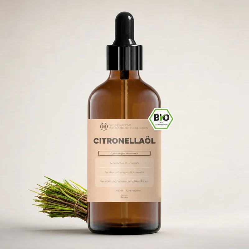 Ätherisches Bio-Citronellaöl, 30ml - 100% naturrein, gewonnen per Wasserdampfdestillation. Für Raumduft & Sommerabende, mit frisch-zitronigem Duft