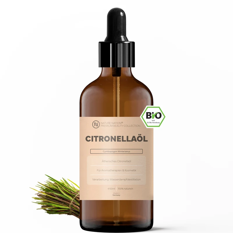 Ätherisches Bio-Citronellaöl, 30ml - 100% naturrein, gewonnen per Wasserdampfdestillation. Für Raumduft & Sommerabende, mit frisch-zitronigem Duft