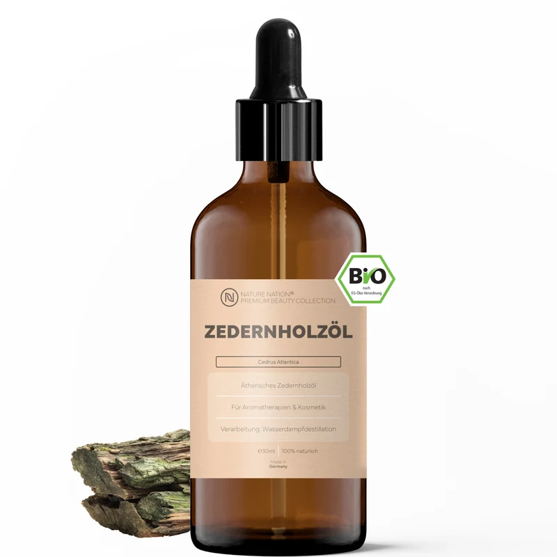 Ätherisches Bio-Zedernholzöl, 30ml - 100% naturrein, gewonnen per Wasserdampfdestillation. Für Raumduft & Wohlfühlatmosphäre, mit warm-holzigem Duft