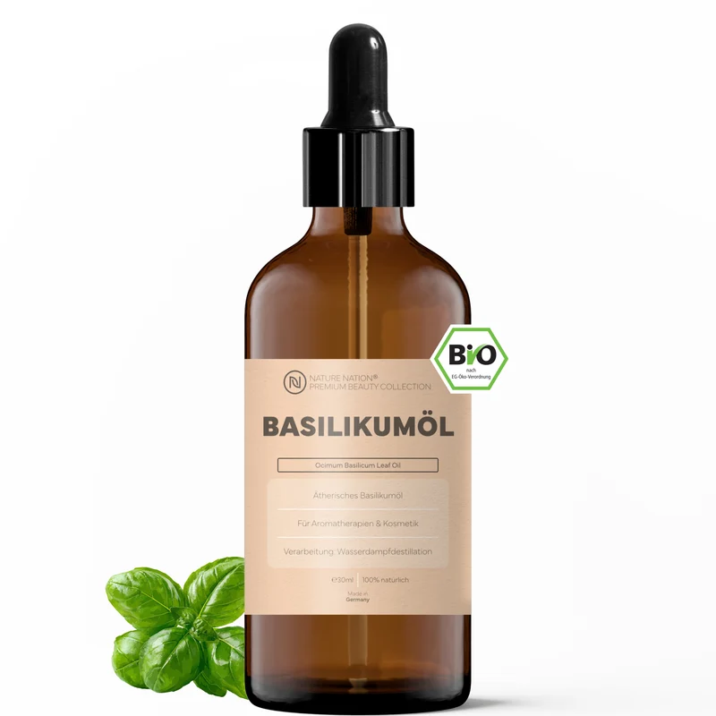 Ätherisches Bio-Basilikumöl, 30ml - 100% naturrein, gewonnen per Wasserdampfdestillation. Für Küche & Aromatisierung, mit würzig-krautigem Aroma