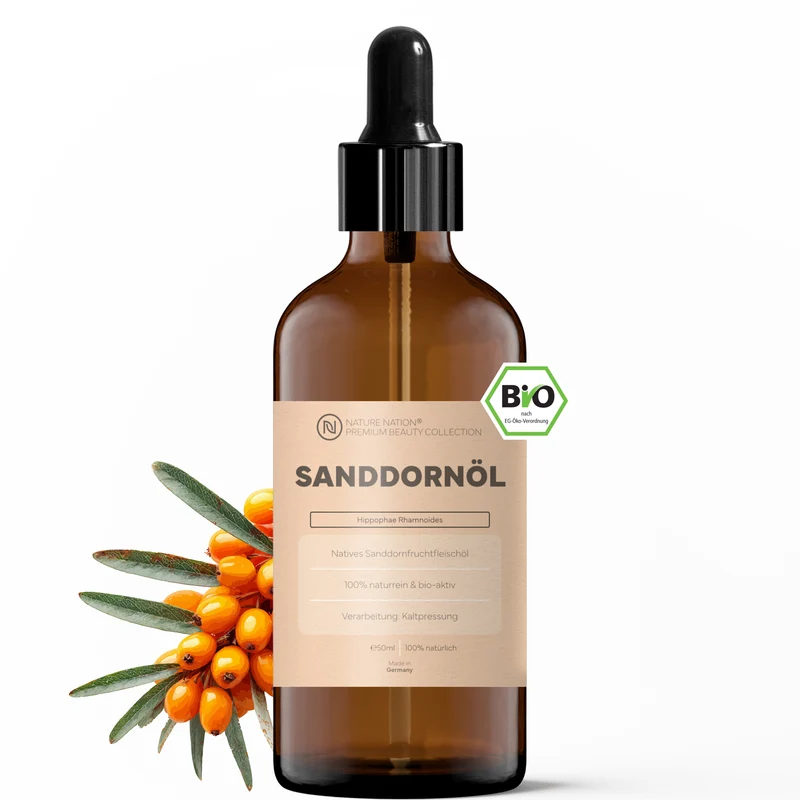 Pflanzliches Bio-Sanddornfruchtfleischöl, 50ml - 100% naturrein, nativ-kaltgepresste Qualität. Für intensive Hautpflege, mit fruchtig-herbem Charakter