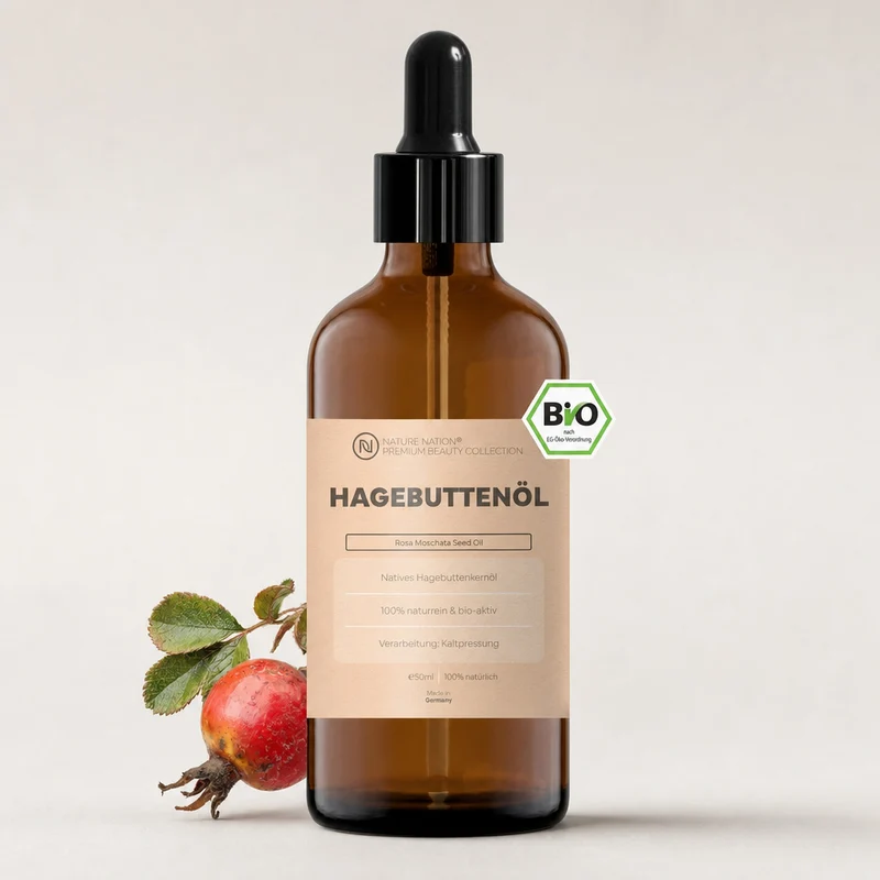Pflanzliches Bio-Hagebuttenkernöl, 50ml - 100% naturrein, nativ-kaltgepresste Qualität. Für anspruchsvolle Gesichtspflege, mit fein-herbem Charakter