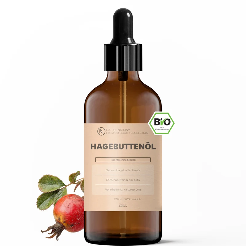 Pflanzliches Bio-Hagebuttenkernöl, 50ml - 100% naturrein, nativ-kaltgepresste Qualität. Für anspruchsvolle Gesichtspflege, mit fein-herbem Charakter