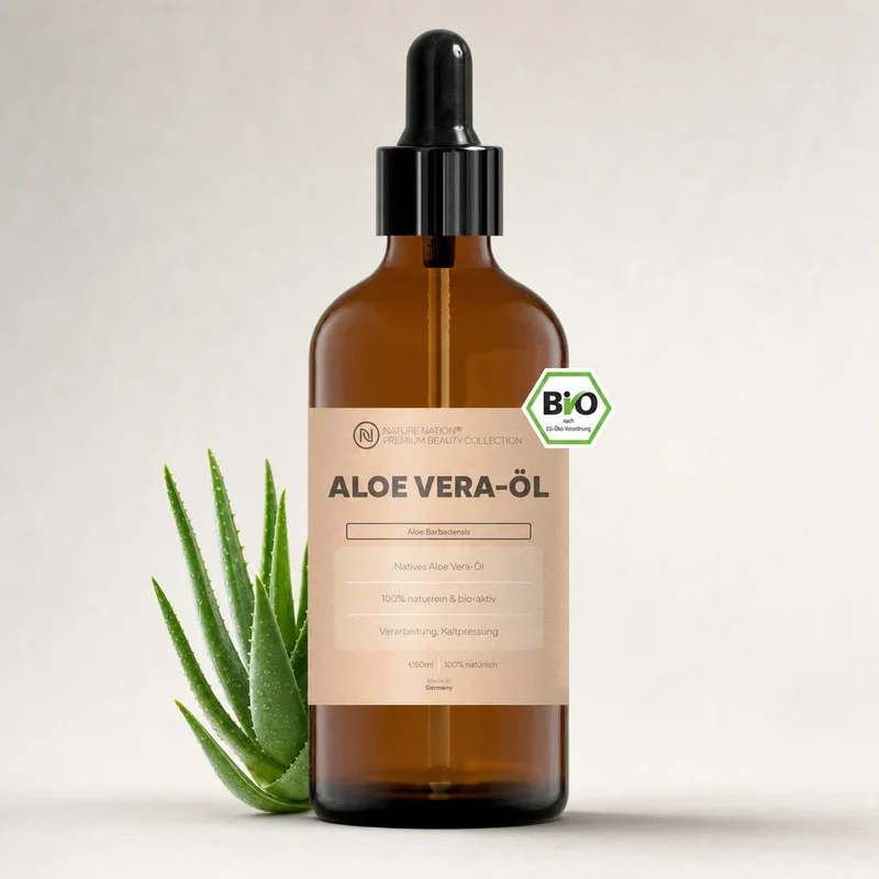 Pflanzliches Bio-Aloe-Vera-Öl, 50ml - 100% naturrein, nativ-kaltgepresste Qualität. Für beruhigende Hautpflege, mit sanft-pflegendem Charakter