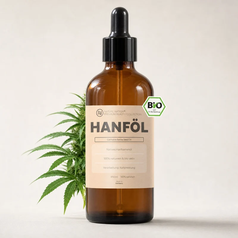 Pflanzliches Bio-Hanfsamenöl, 50ml - 100% naturrein, nativ-kaltgepresste Qualität. Für Hautpflege & Pflege trockener Haut, mit krautig-nussigem Charakter