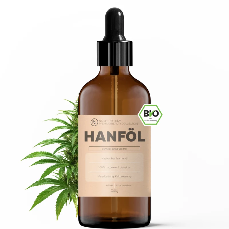 Pflanzliches Bio-Hanfsamenöl, 50ml - 100% naturrein, nativ-kaltgepresste Qualität. Für Hautpflege & Pflege trockener Haut, mit krautig-nussigem Charakter