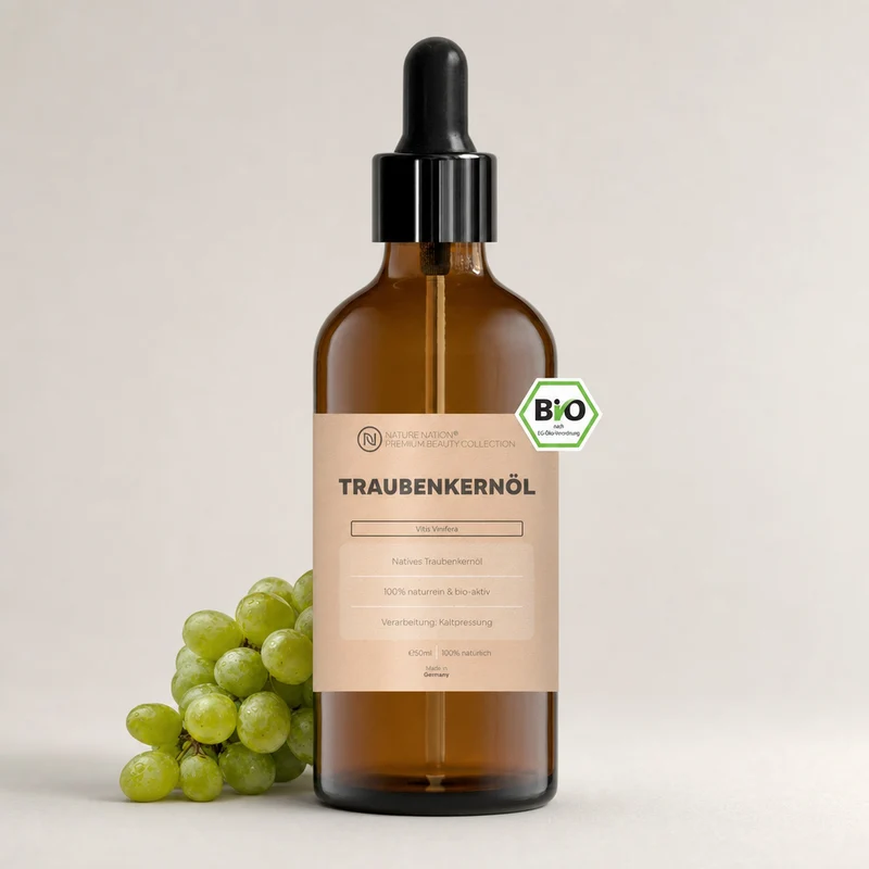 Pflanzliches Bio-Traubenkernöl, 50ml - 100% naturrein, nativ-kaltgepresste Qualität. Für leichte Hautpflege & Massage, mit fein-nussigem Charakter