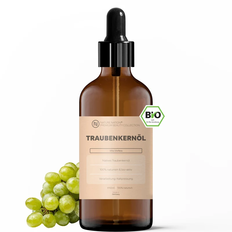 Pflanzliches Bio-Traubenkernöl, 50ml - 100% naturrein, nativ-kaltgepresste Qualität. Für leichte Hautpflege & Massage, mit fein-nussigem Charakter
