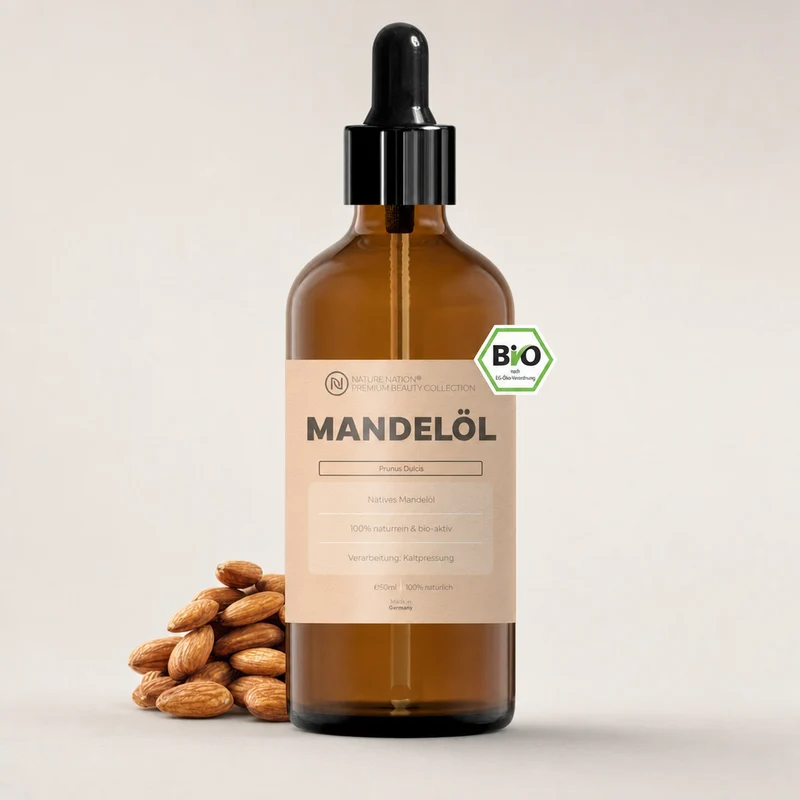 Pflanzliches Bio-Mandelöl, 50ml - 100% naturrein, nativ-kaltgepresste Qualität. Für sensible Haut & sanfte Pflege, mit mild-weichem Charakter
