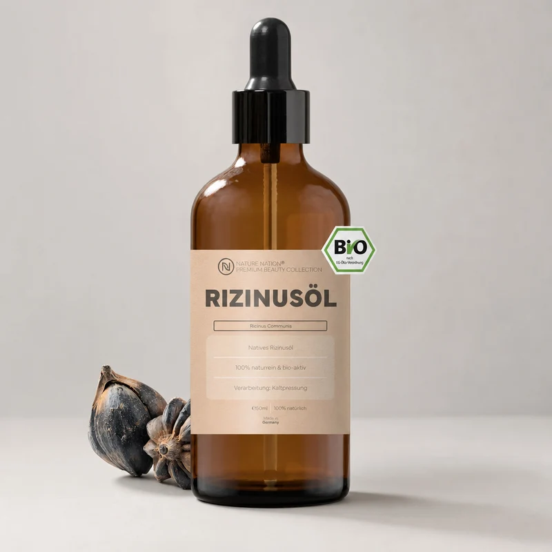 Pflanzliches Bio-Rizinusöl, 50ml - 100% naturrein, nativ-kaltgepresste Qualität. Für Haar-, Brauen- & Wimpernpflege, mit reichhaltigem Charakter