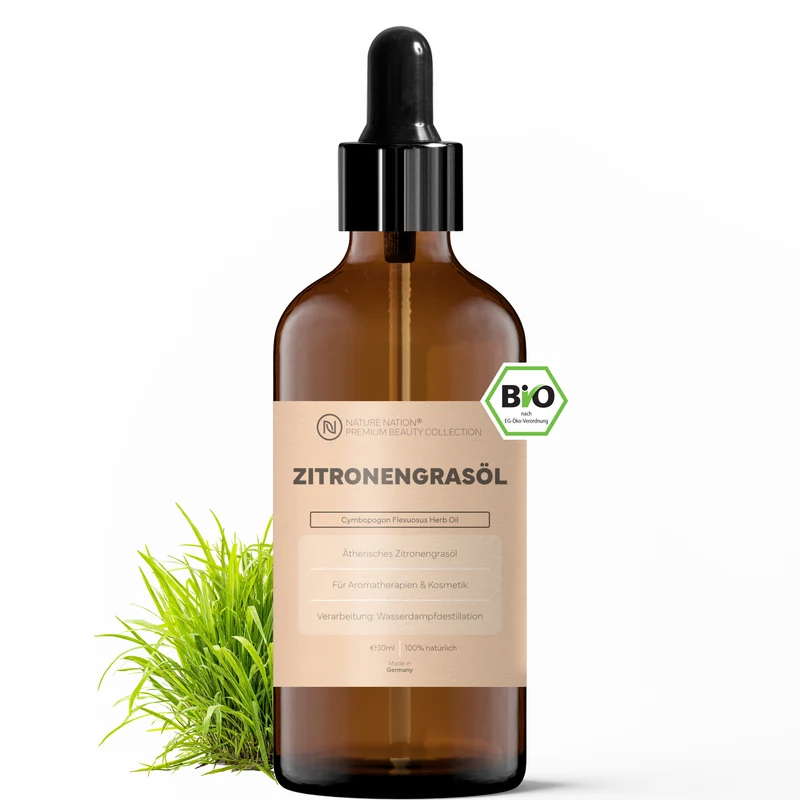 Ätherisches Bio-Zitronengrasöl, 30ml - 100% naturrein, gewonnen per Wasserdampfdestillation. Für Raumduft & Aromapflege, mit frisch-zitronigem Aroma