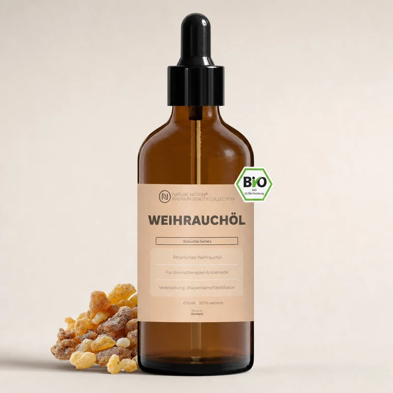Ätherisches Bio-Weihrauchöl, 30ml - 100% naturrein, gewonnen per Wasserdampfdestillation. Für Meditation & Aromapflege, mit warm-harzigem Duft