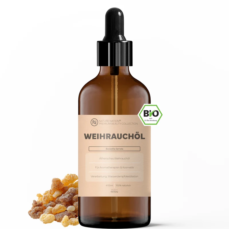 Ätherisches Bio-Weihrauchöl, 30ml - 100% naturrein, gewonnen per Wasserdampfdestillation. Für Meditation & Aromapflege, mit warm-harzigem Duft
