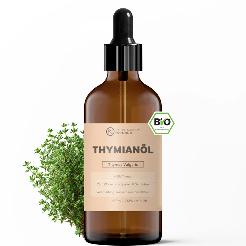 Ätherisches Bio-Thymianöl, 30ml - 100% naturrein, gewonnen per Wasserdampfdestillation. Für Küche & Aromatisierung, mit kräftig-würzigem Aroma