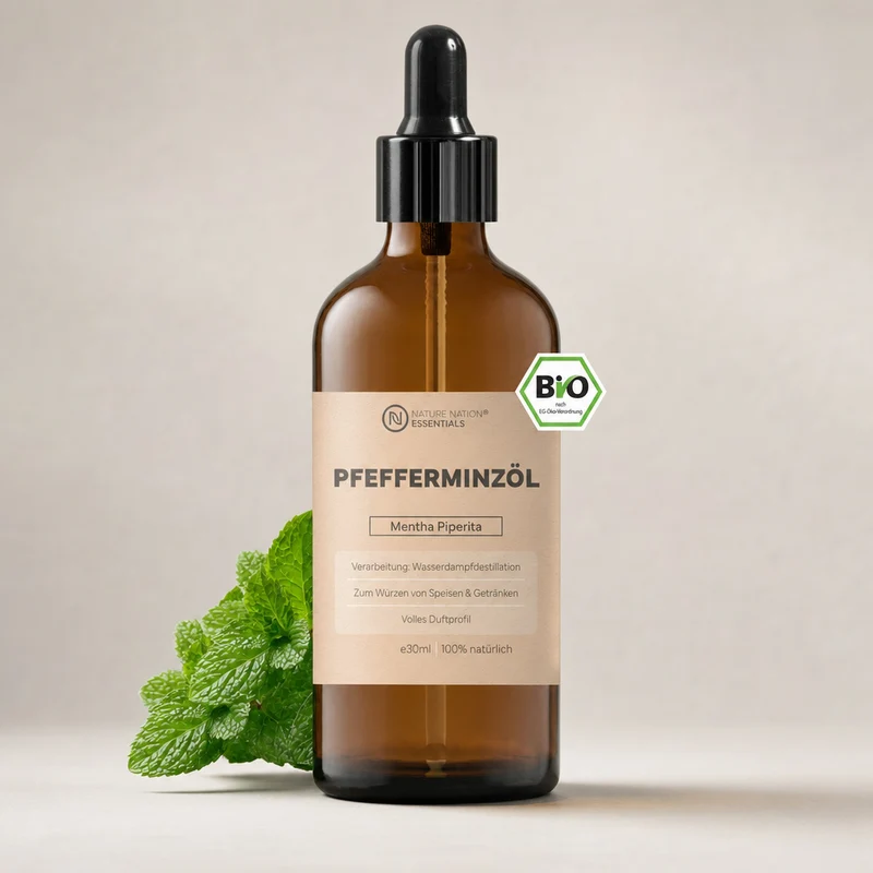Ätherisches Bio-Pfefferminzöl, 30ml - 100% naturrein, gewonnen per Wasserdampfdestillation. Für Küche & Getränke, mit frisch-mintigem Aroma