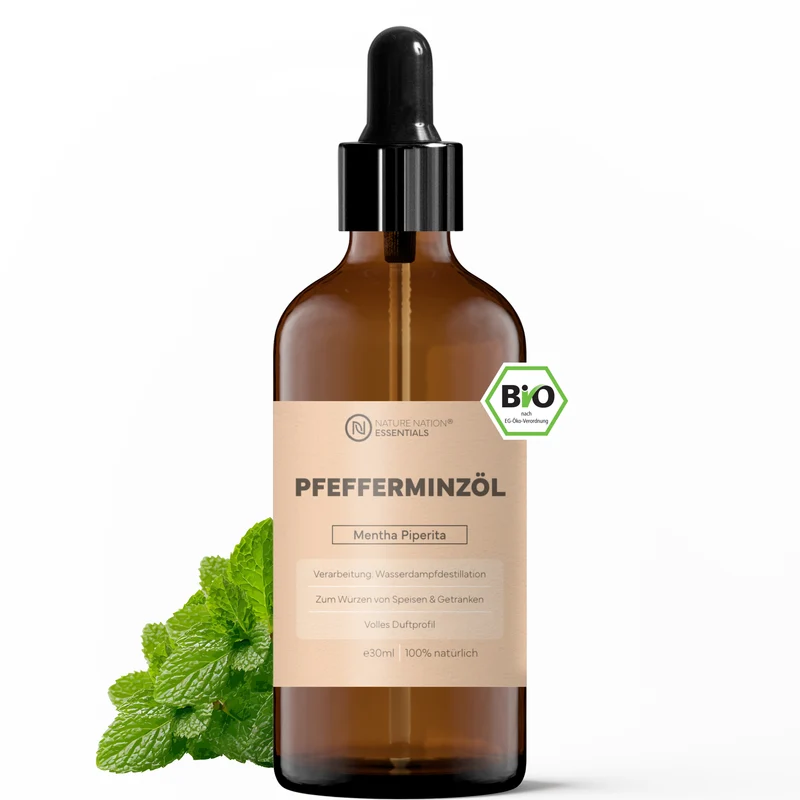 Ätherisches Bio-Pfefferminzöl, 30ml - 100% naturrein, gewonnen per Wasserdampfdestillation. Für Küche & Getränke, mit frisch-mintigem Aroma