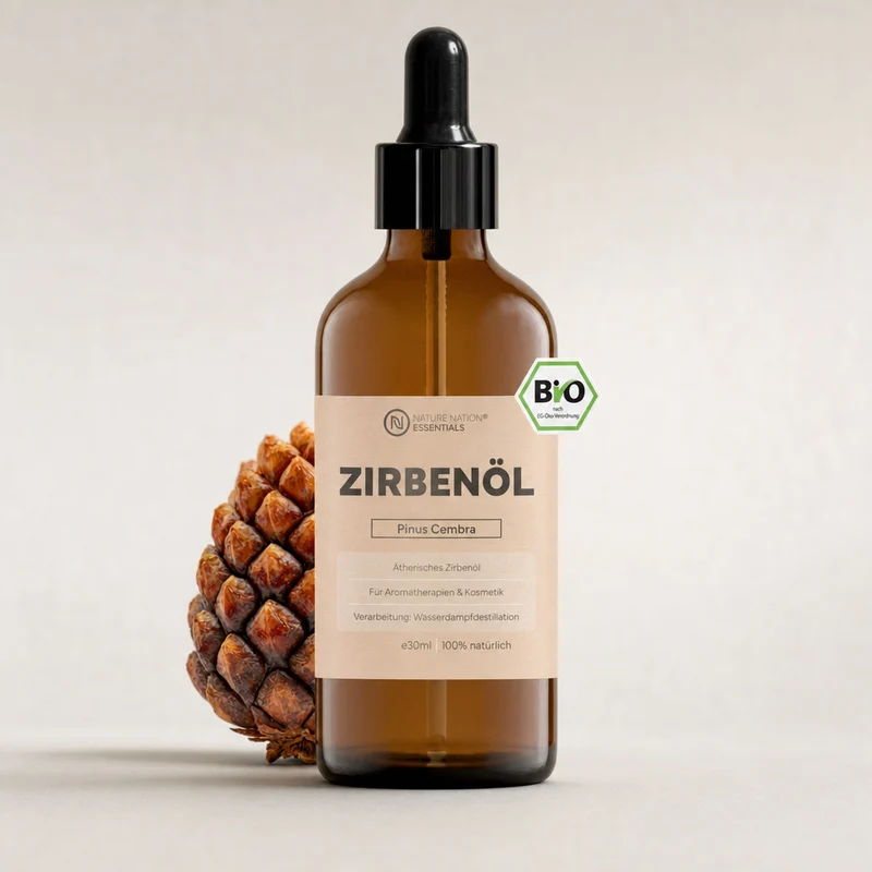 Ätherisches Bio-Zirbenöl, 30ml - 100% naturrein, gewonnen per Wasserdampfdestillation. Für Raumduft & Wohlfühlatmosphäre, mit warm-holzigem Duft
