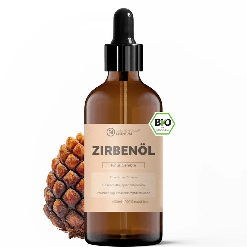 Ätherisches Bio-Zirbenöl, 30ml - 100% naturrein, gewonnen per Wasserdampfdestillation. Für Raumduft & Wohlfühlatmosphäre, mit warm-holzigem Duft
