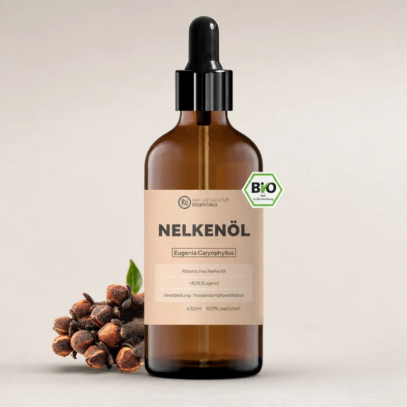 Ätherisches Bio-Nelkenöl, 30ml - 100% naturrein, gewonnen per Wasserdampfdestillation. Für Duftanwendungen, mit würzig-warmem Aroma