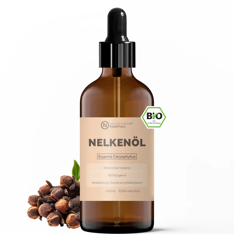 Ätherisches Bio-Nelkenöl, 30ml - 100% naturrein, gewonnen per Wasserdampfdestillation. Für Duftanwendungen, mit würzig-warmem Aroma