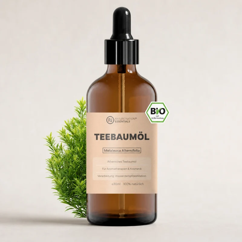 Ätherisches Bio-Teebaumöl, 30ml - 100% naturrein, gewonnen per Wasserdampfdestillation. Für Haut- & Gesichtspflege, bei Unreinheiten