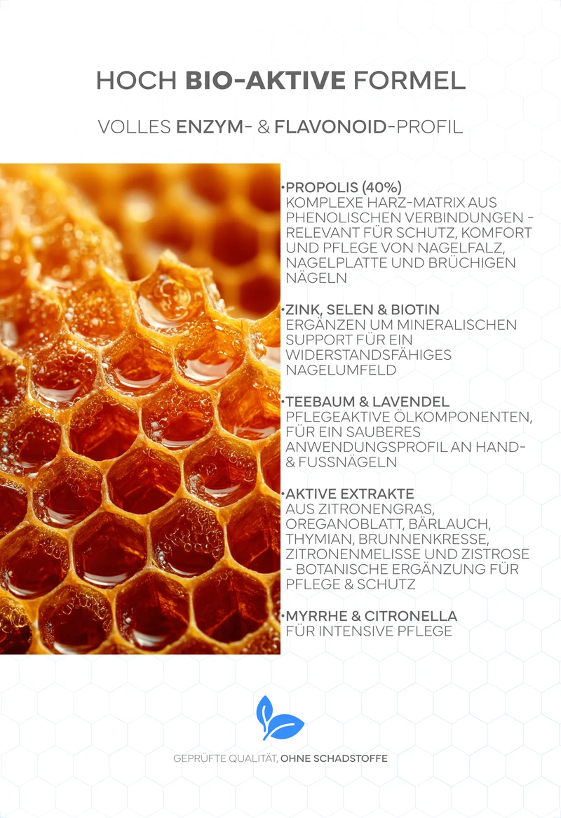 Propolis Nagelserum, 10ml - Akutpflege bei Nagelpilz, mit hochdosiertem Bio-Propolisextrakt sowie Teebaumöl, Zink, Selen & Biotin, für gesunde & starke Nägel, mit gratis Propolis-Seife