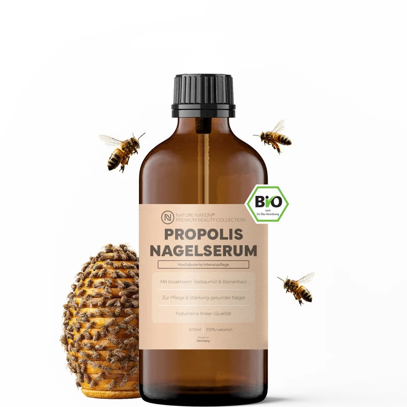 Propolis Nagelserum, 10ml - Akutpflege bei Nagelpilz, mit hochdosiertem Bio-Propolisextrakt sowie Teebaumöl, Zink, Selen & Biotin, für gesunde & starke Nägel, mit gratis Propolis-Seife