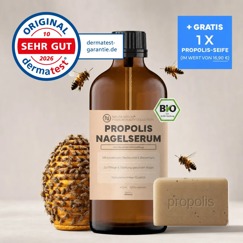 Propolis Nagelserum, 10ml - Akutpflege bei Nagelpilz, mit hochdosiertem Bio-Propolisextrakt sowie Teebaumöl, Zink, Selen & Biotin, für gesunde & starke Nägel, mit gratis Propolis-Seife