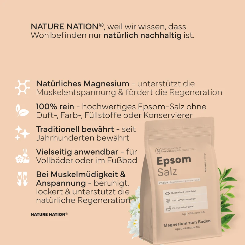 Epsom Badesalz, 1kg - Magnesium zum Baden für Voll- und Fußbäder, bei Muskelverspannungen und Steifheit