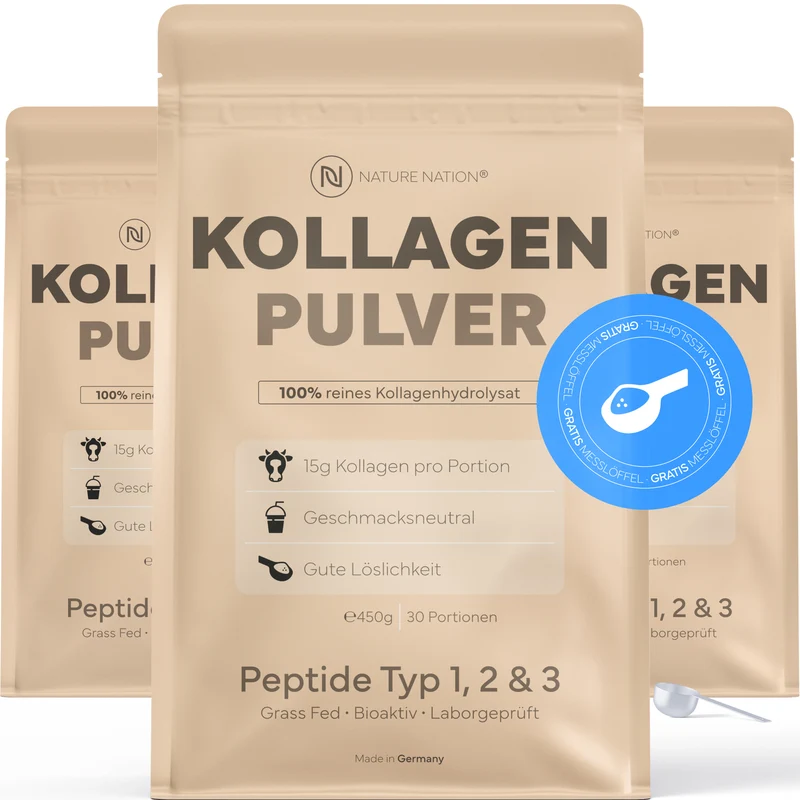 3er-Set Kollagen Pulver Hydrolysat, 450g - 100% Peptide Typ I, II & III, geschmacksneutral & leicht löslich