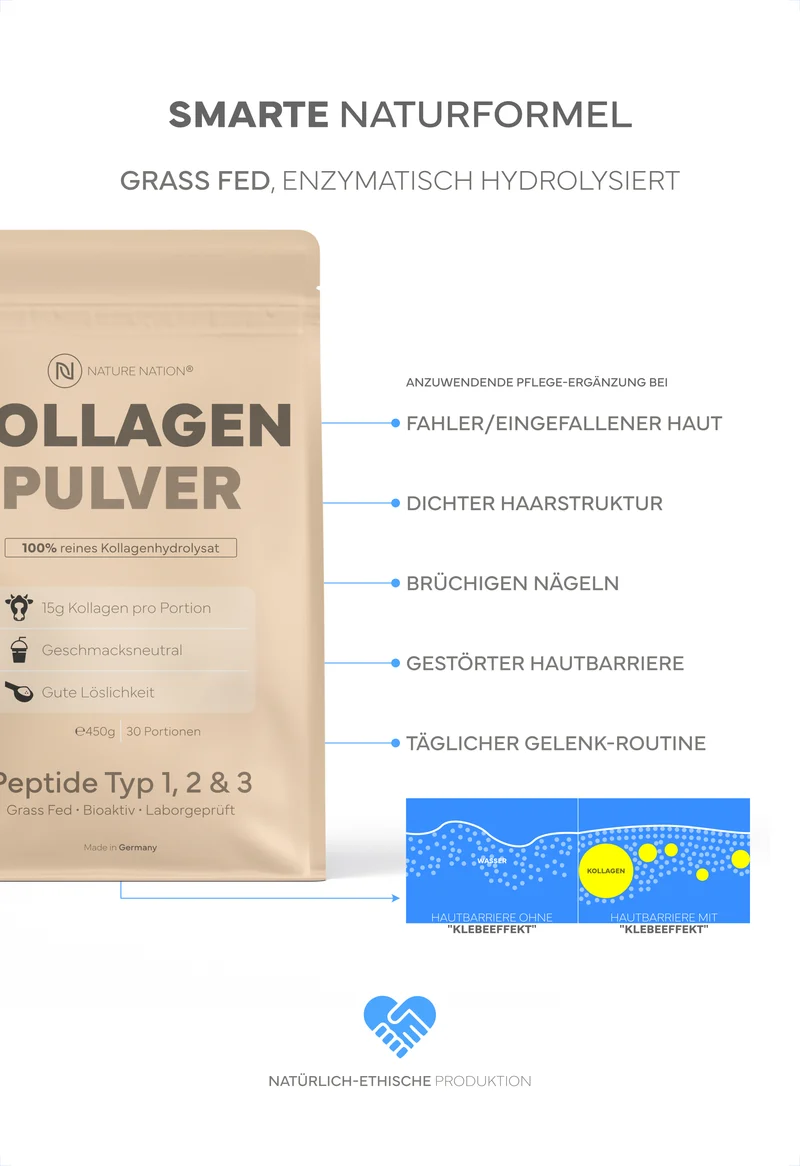3er-Set Kollagen Pulver Hydrolysat, 450g - 100% Peptide Typ I, II & III, geschmacksneutral & leicht löslich