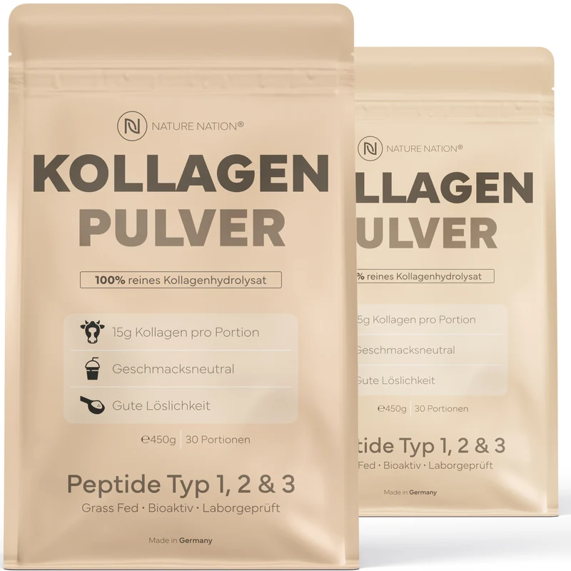 2er-Set Kollagen Pulver Hydrolysat, 450g - 100% Peptide Typ I, II & III, geschmacksneutral & leicht löslich