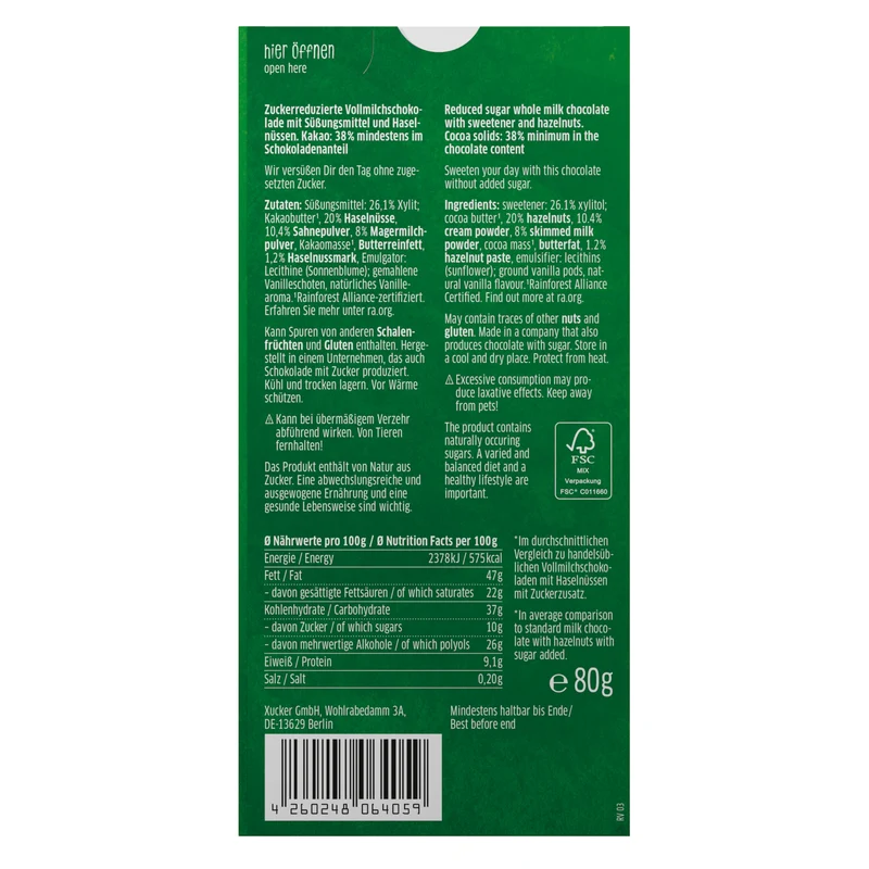 Edel Vollmilchschokolade mit Xylit und Haselnüssen (80g)