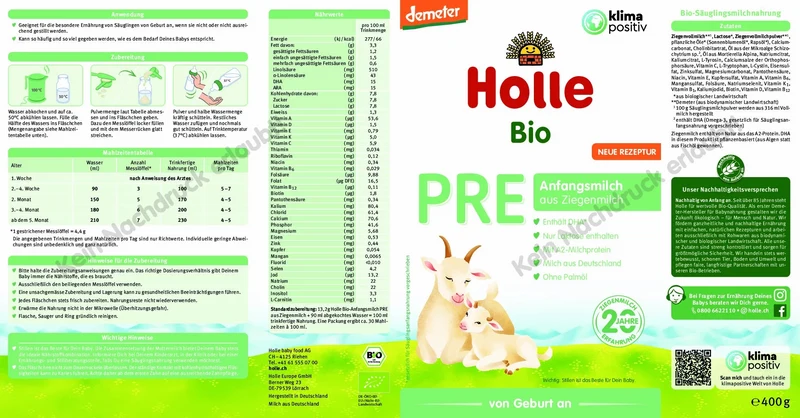 Demeter Bio-Anfangsmilch Pre auf Ziegenmilchbasis, von Geburt an (400g)