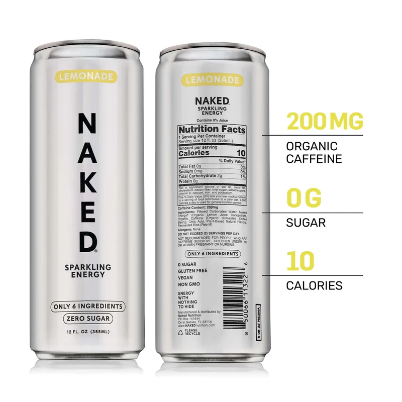Lemonade Naked Sparkling Energy | Clean Energy Drink - 12 Cans