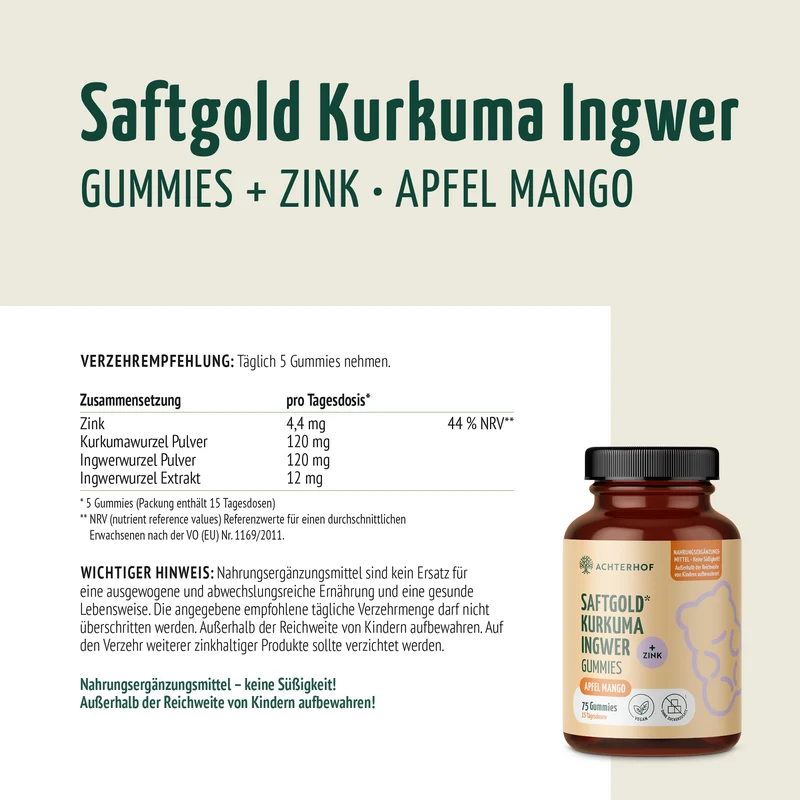 Saftgold Kurkuma Ingwer Gummies Apfel Mango + Zink (75 Stück)