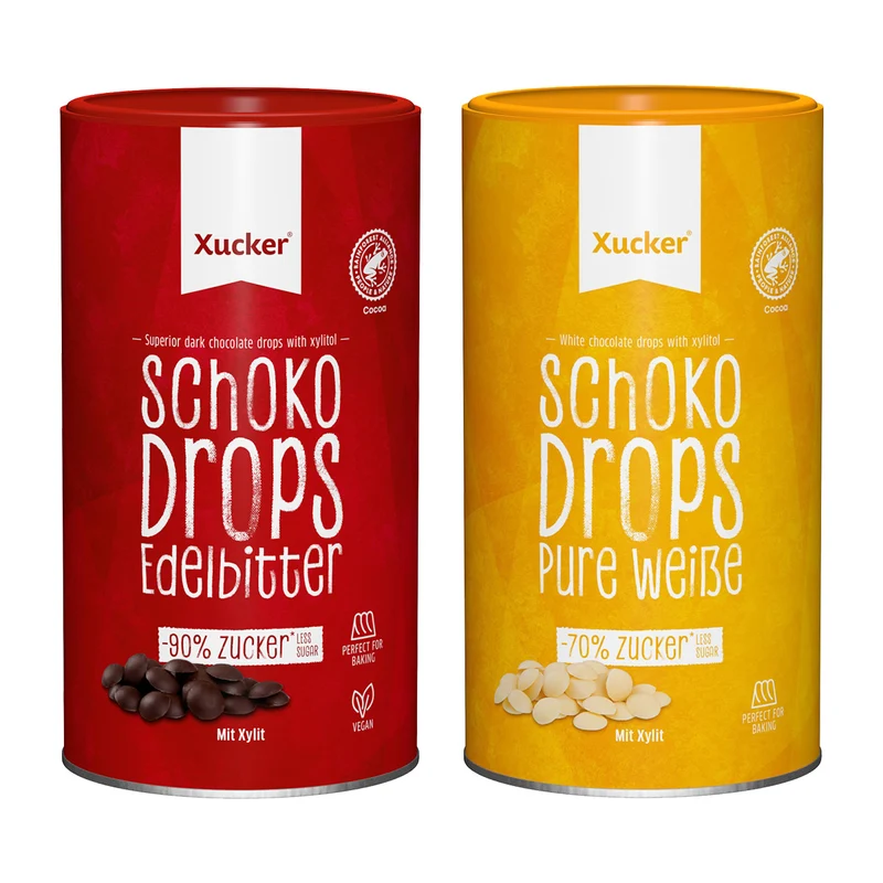 1 x Weiße Schokodrops mit finnischem Xylit (750g) + 1 x Schokodrops mit finnischem Xylit Dose (750g)