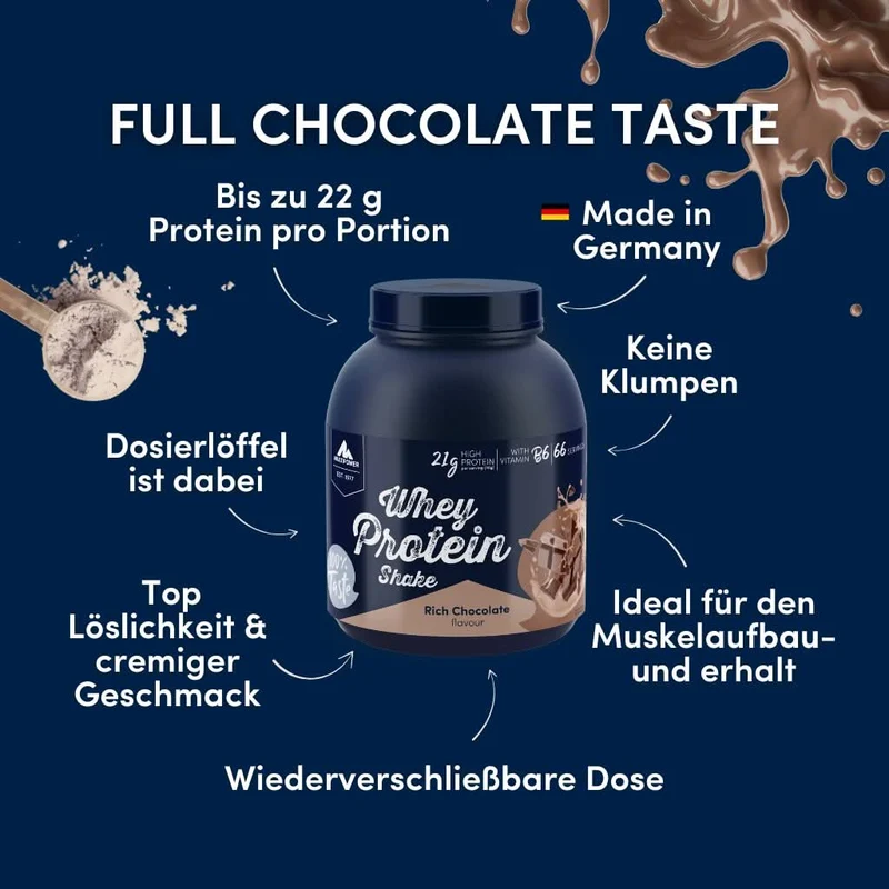 2kg Whey Proteinpulver | Schoko 21g Eiweiß | 66 Portionen (á 30g) Schoko Proteinpulver [MHD 30.10.2026]