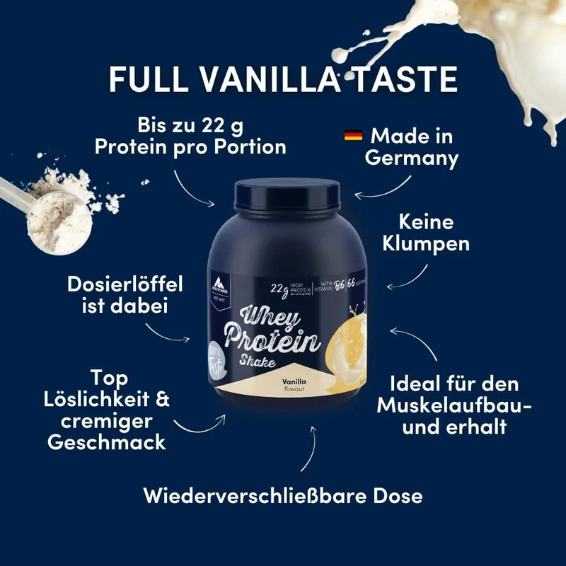 2kg Whey Proteinpulver | Vanille 22g Eiweiß | 66 Portionen (á 30g) Vanille Proteinpulver