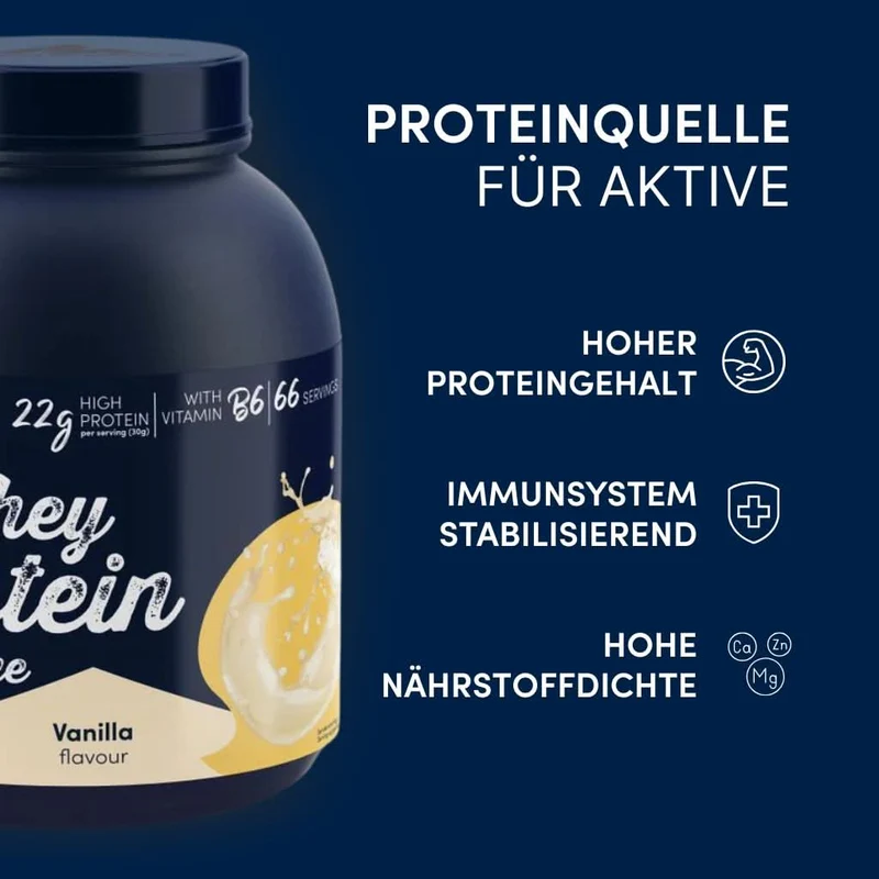 2kg Whey Proteinpulver | Vanille 22g Eiweiß | 66 Portionen (á 30g) Vanille Proteinpulver